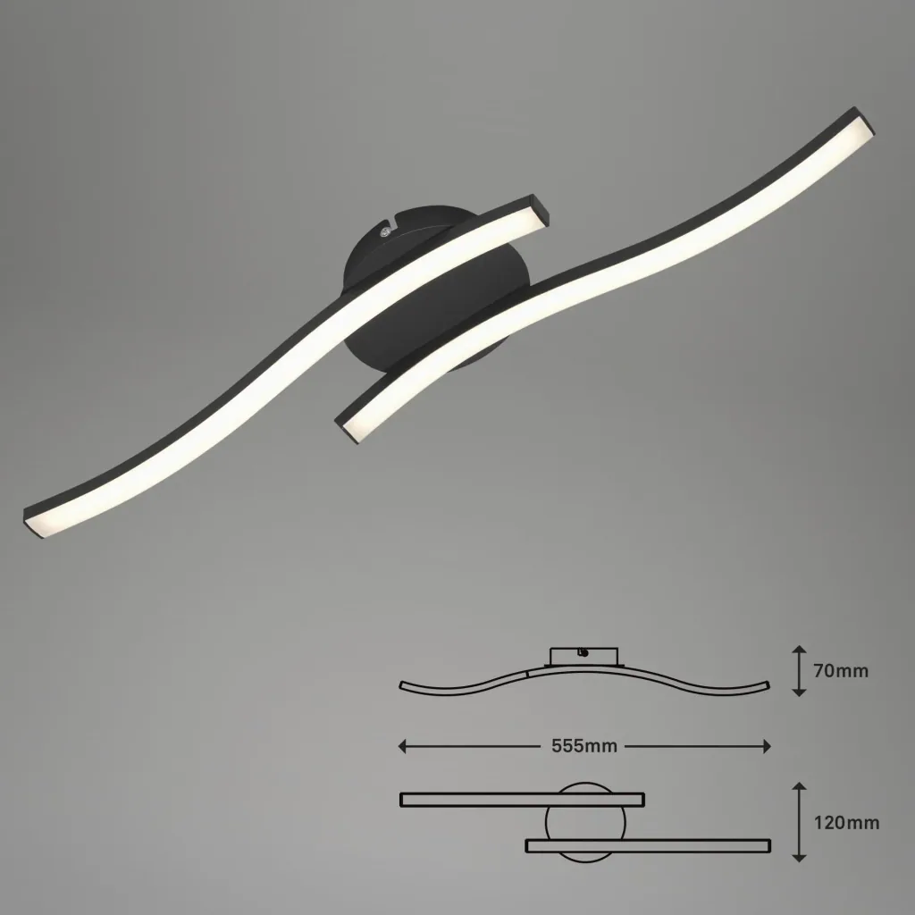 LED Wand- und Deckenleuchte, 2 LED Stäbe geschwungen, schwarz, 12 Watt, 960 lm, 3.000 K