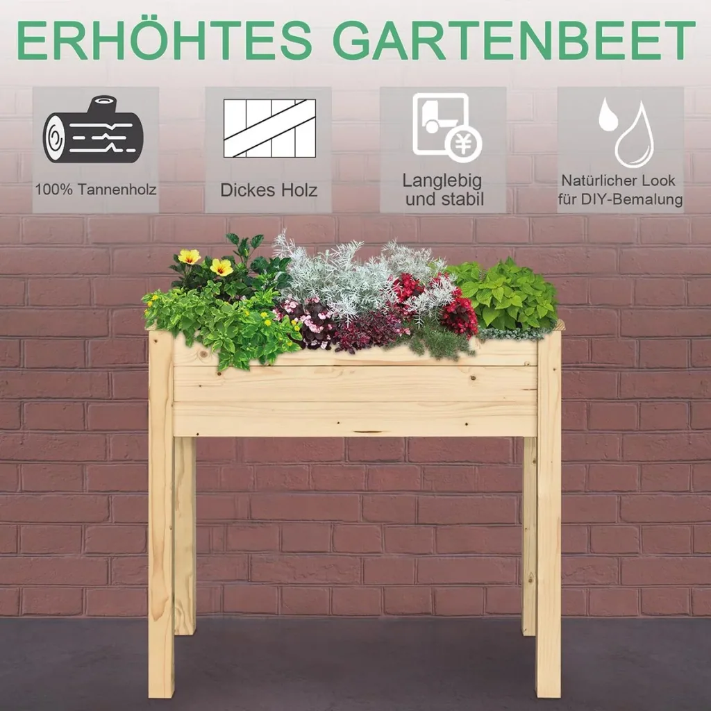 Hochbeet, Pflanzkasten, Blumenkasten, Blumentopf, Kräuterbeet mit Abflusslöchern, Vliesstofftuch, Massivholz Natur 86 x
