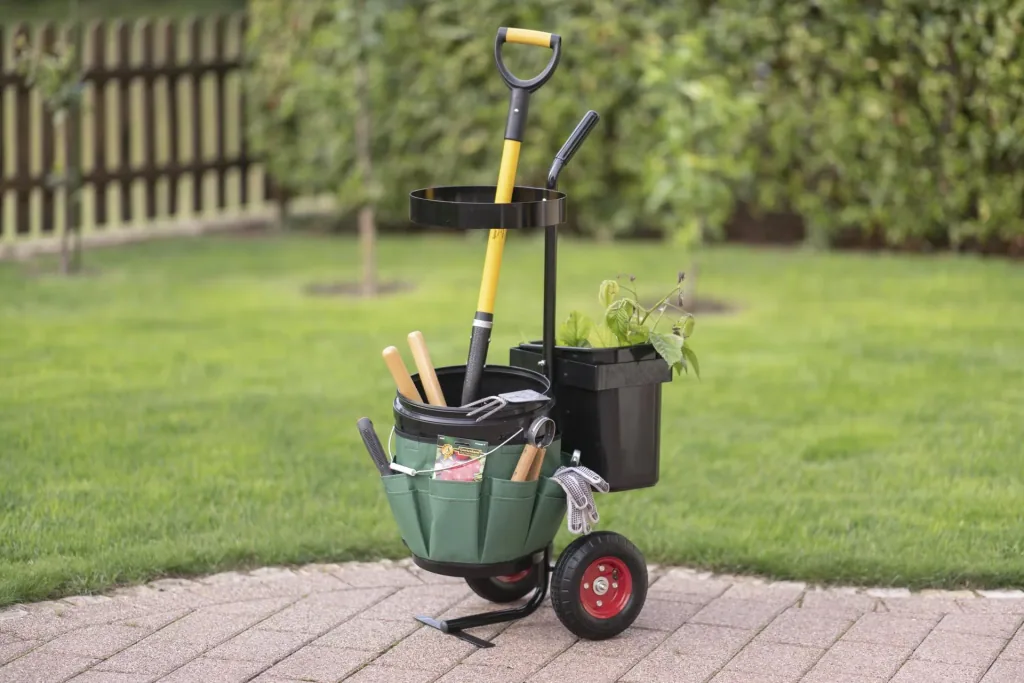 Westmann Gartenwagen Universal, 56×40×104 cm, Schwarz/Grün – mit zwei Behältern und Werkzeugtasche