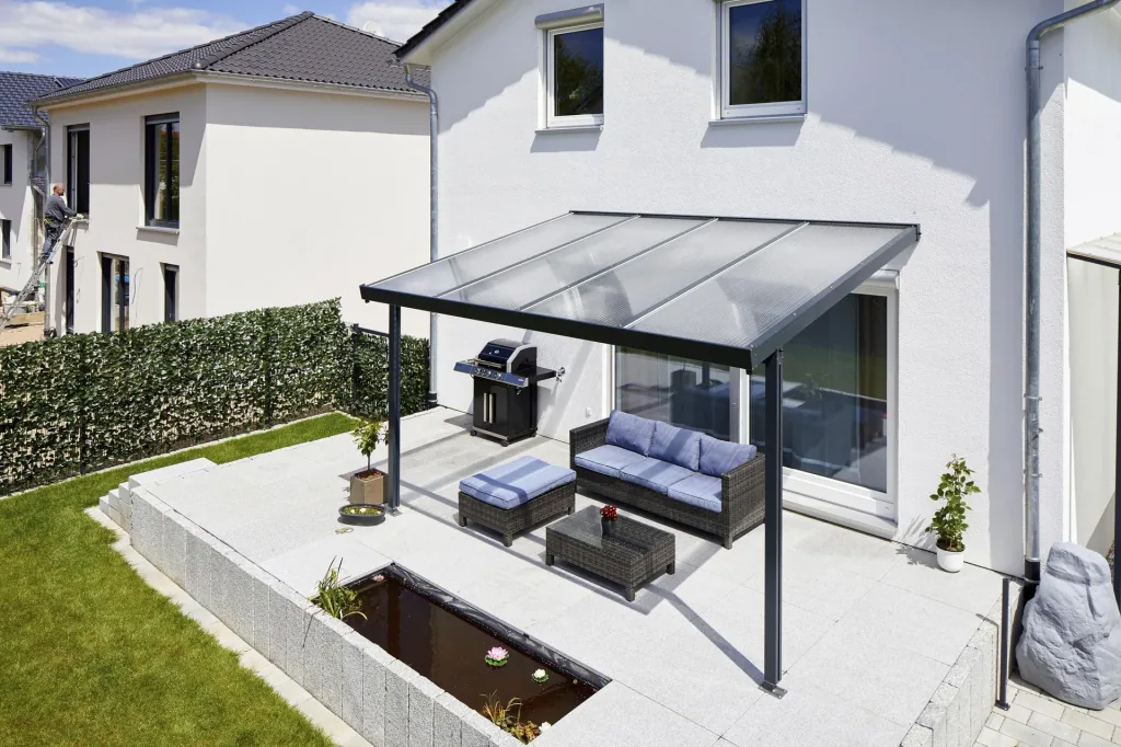 Terrassendach Premium, anthrazit, 4102 x 4060 mm - Acryl Stegplatten 16mm, klar