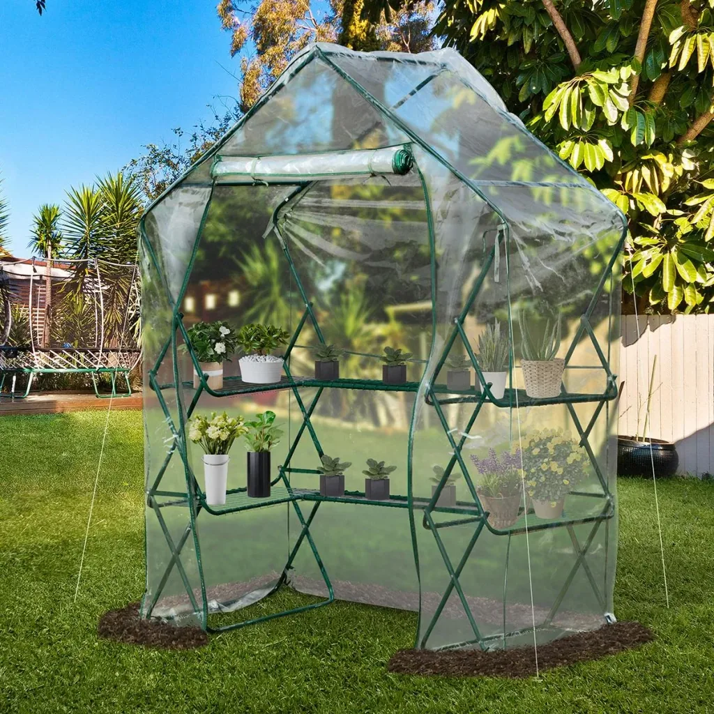Gewächshaus Treibhaus mit Blumenregal Tomatenhaus Pflanzenhaus für Garten Stahl PVC Transparent+Grün 143 x 73 x 195 cm