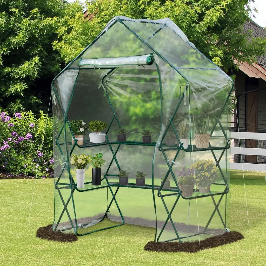 Gewächshaus Treibhaus mit Blumenregal Tomatenhaus Pflanzenhaus für Garten Stahl PVC Transparent+Grün 143 x 73 x 195 cm
