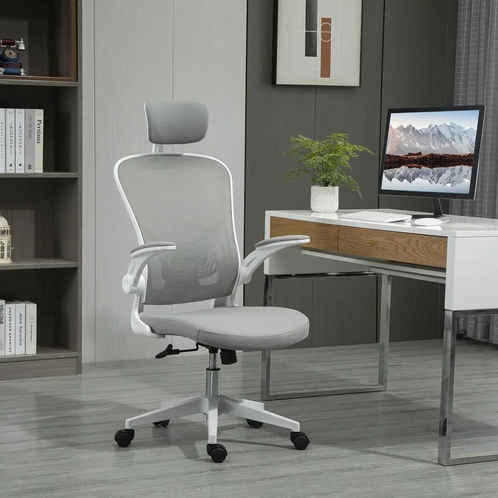 Bürostuhl ergonomischer Shreibtischstuhl mit Wippfunktion hoher Rückenlehne Lendenwirbelstütze Kopfstütze hochklappbarem