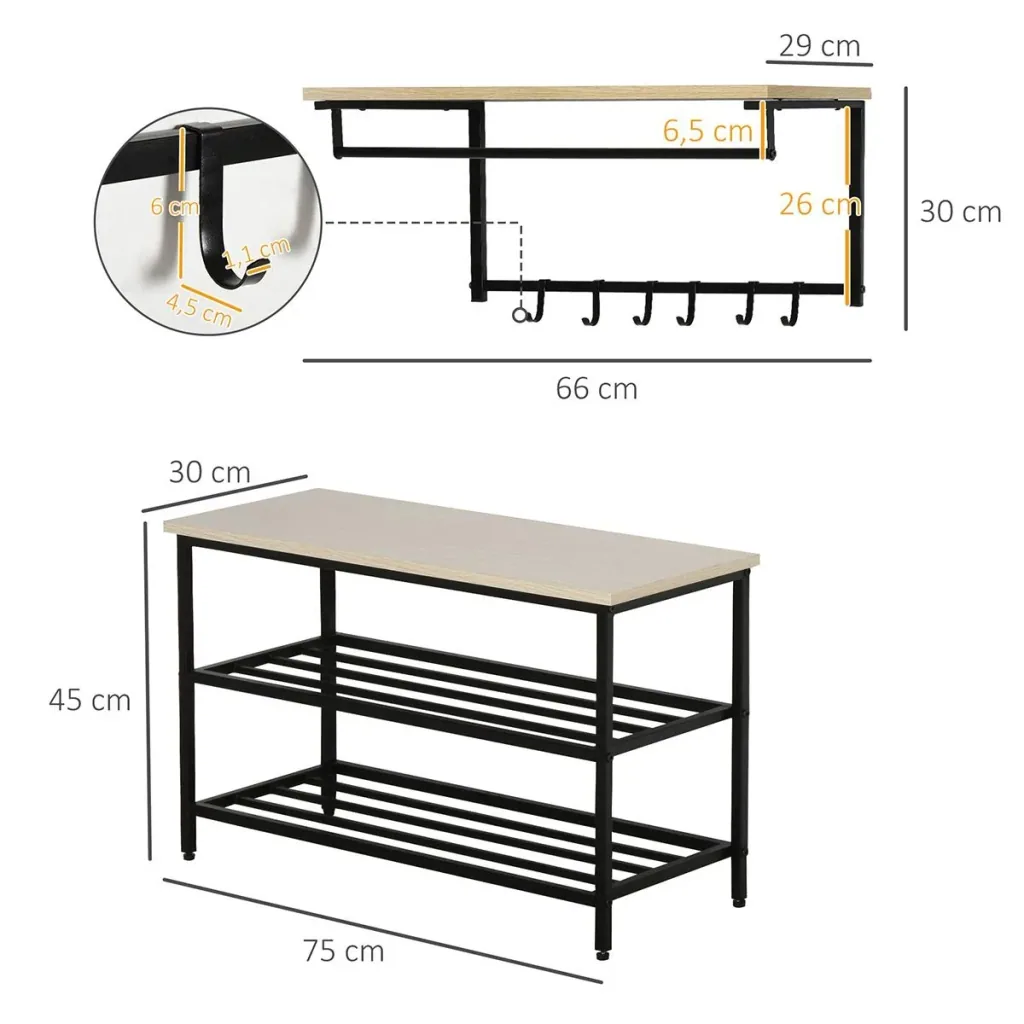 2-in-1 Garderobenset Flurgaderobe mit Sitzbank Wandgarderobe für Eingangsbereich, 6 Haken, Natur+Schwarz, 75 x 30 x 45 c