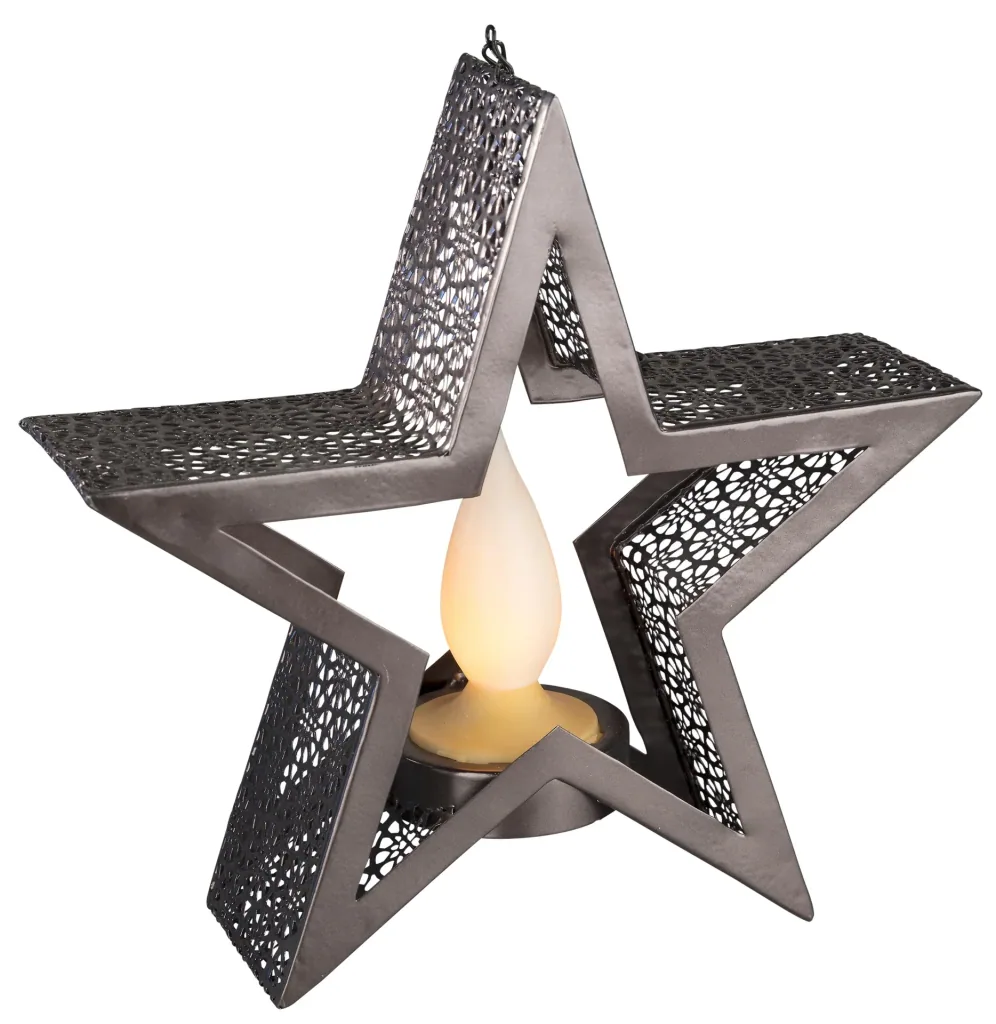 Bronzefarbener Metallstern mit integrierter Kerze und 10 LEDs in Flammenoptik