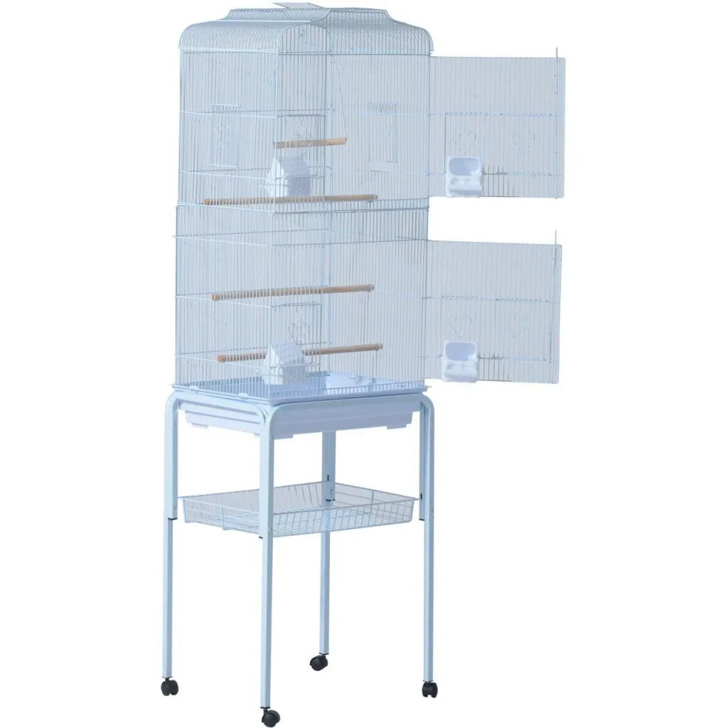 Vogelhaus Vogelkäfig Vogelvoliere für Papagei Wellensittich Vogelbauer mit rollbarem Ständer Weiß 47,5 x 37 x 153 cm