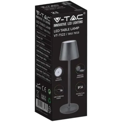 VT-7522 Tischleuchte - 3000K - Dimmbar über Touch - Wiederaufladbar - Grau - IP54