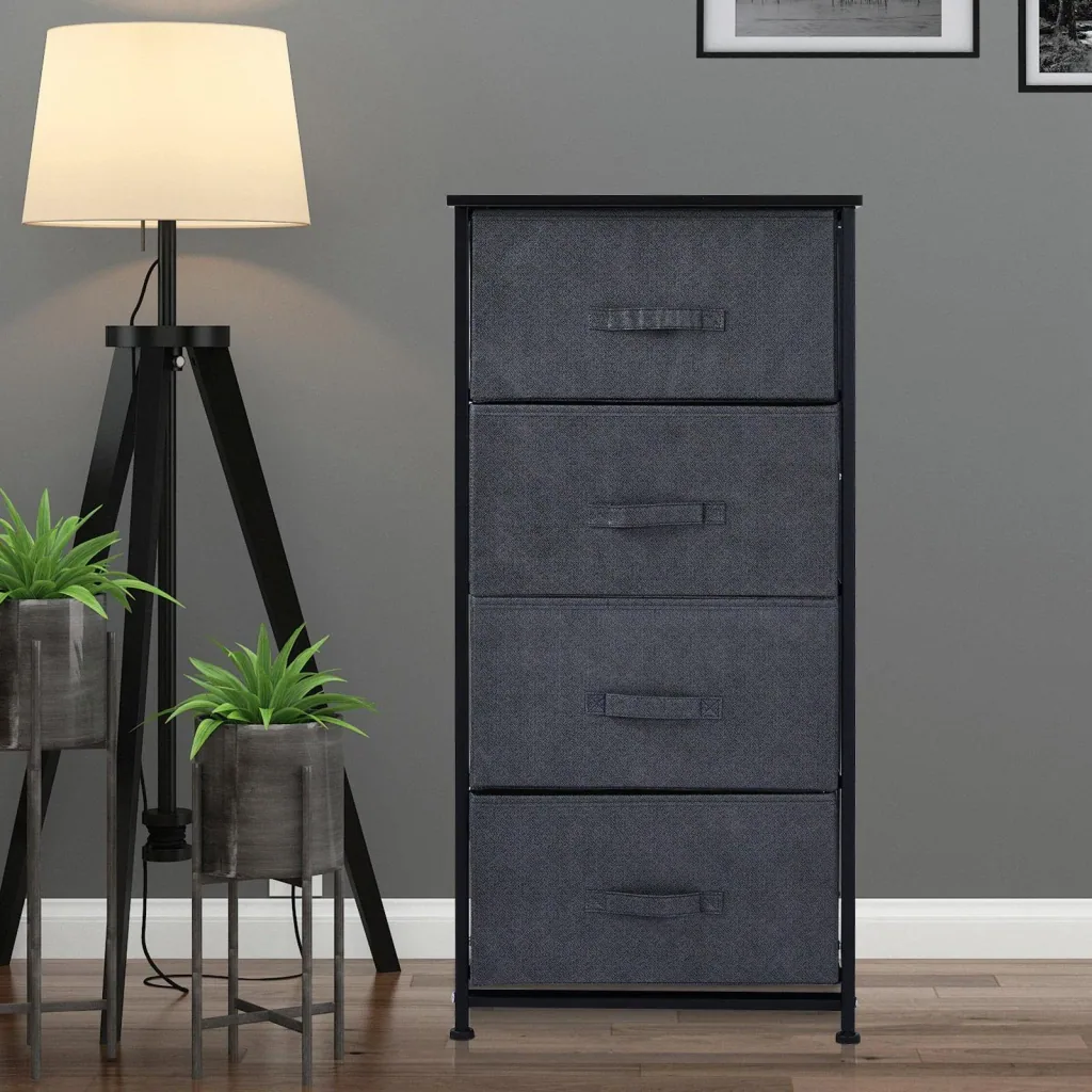 Schubladenschrank Aufbewahrungsschrank mit 4 faltbaren Stoffschubladen Metallgestell + Holz + Leinen Grau 45 x 30 x 92 c