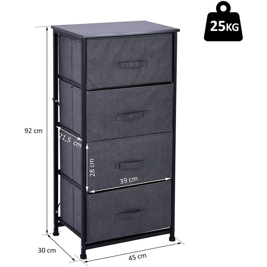 Schubladenschrank Aufbewahrungsschrank mit 4 faltbaren Stoffschubladen Metallgestell + Holz + Leinen Grau 45 x 30 x 92 c