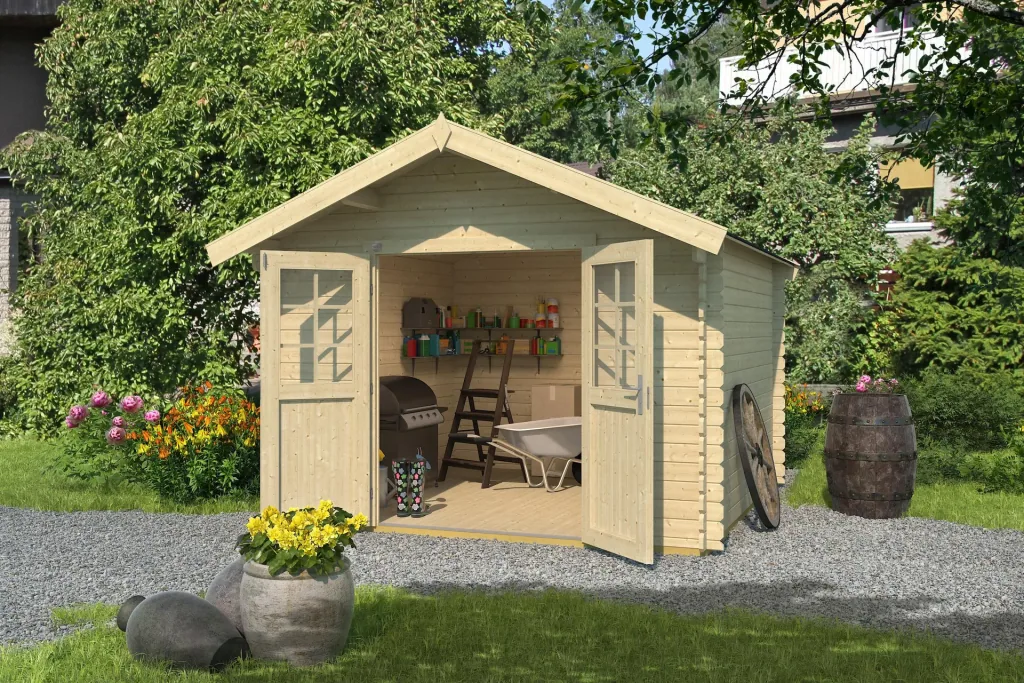 Gartenhaus 209 Gr.3, 333 x 360 x 261 cm Wandstärke 28 mm, mit Doppeltür natur