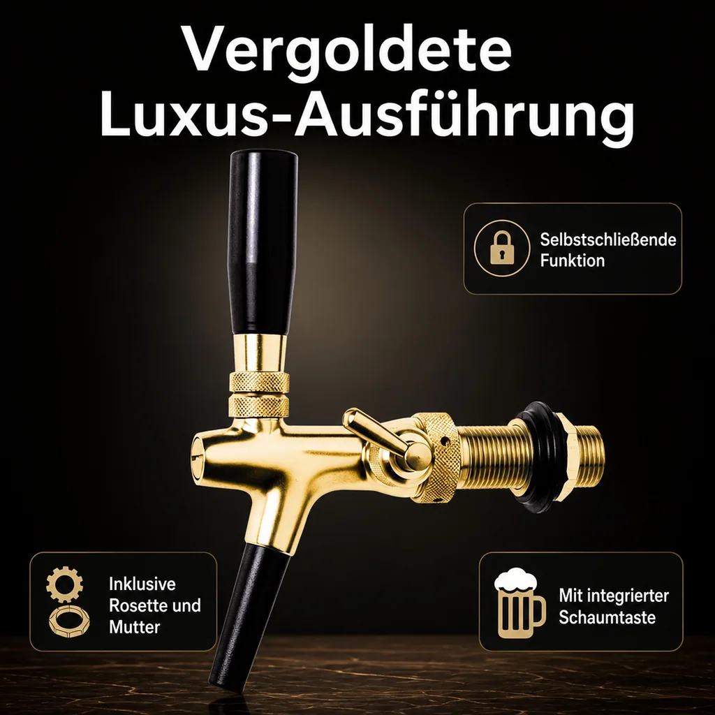 Zapfhahn, Kompensatorhahn, Bierzapfhahn, Schankhahn - vergoldet, 10 mm Ausführung, Gewindelänge: 55 mm