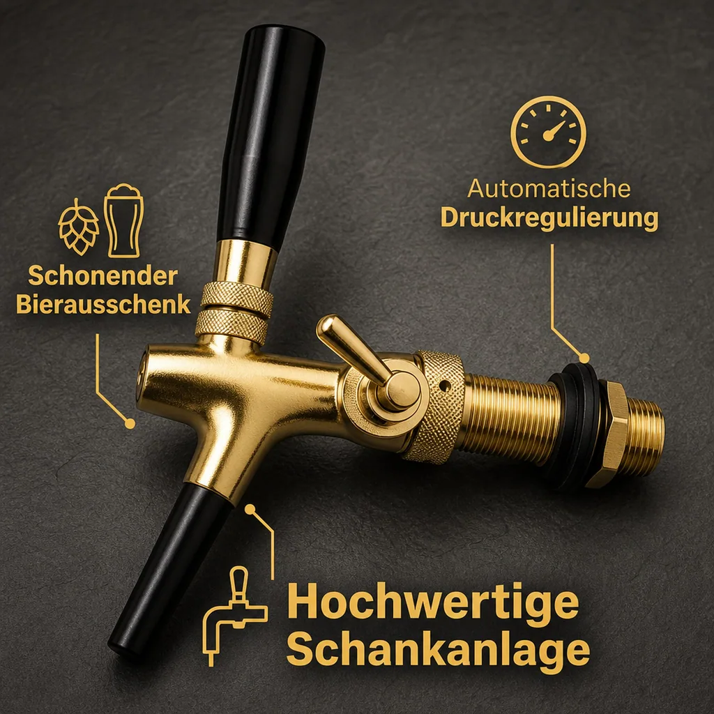 Zapfhahn, Kompensatorhahn, Bierzapfhahn, Schankhahn - vergoldet, 10 mm Ausführung, Gewindelänge: 55 mm