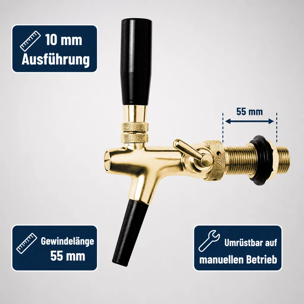Zapfhahn, Kompensatorhahn, Bierzapfhahn, Schankhahn - vergoldet, 10 mm Ausführung, Gewindelänge: 55 mm