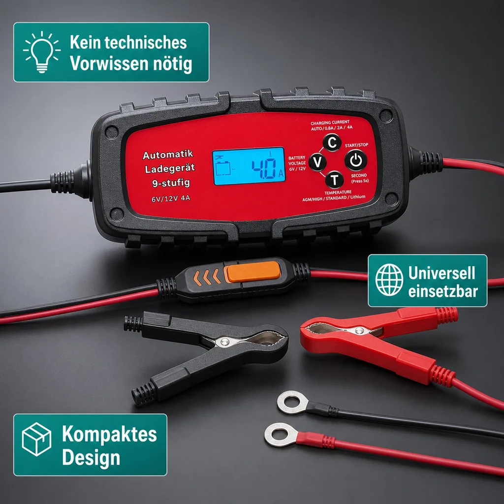 Batterieladegerät für Auto & Motorrad 4A, 6/12 Volt