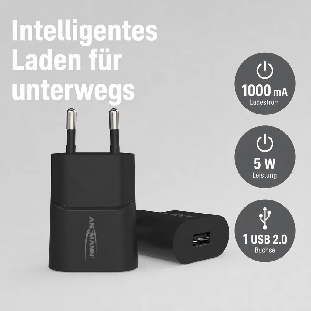 USB Ladeadapter mit 1 USB 2.0 Buchse Typ A, 1000 mA