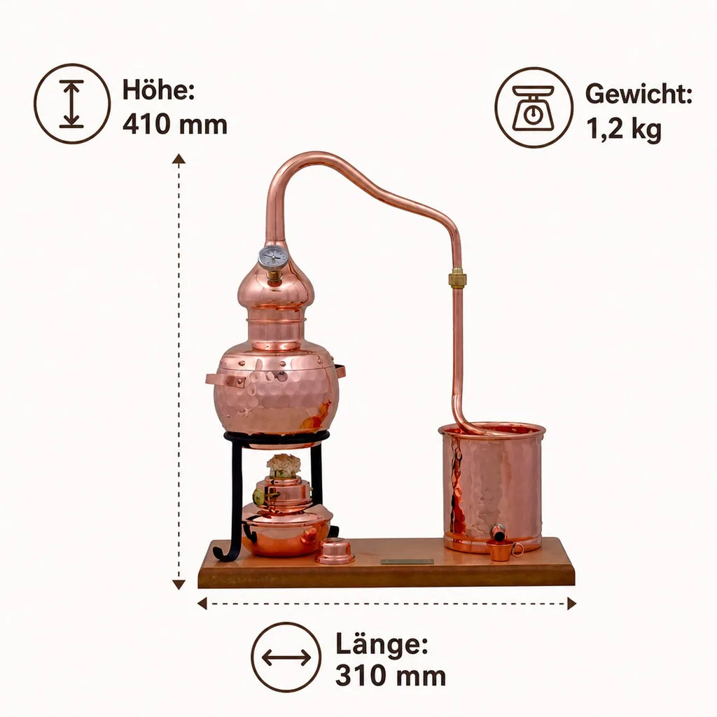 Destille, Destilliergerät, Destillationsapparatur - Alembic Set Premium, mit Spiritusbrenner und Thermometer, 0,7L