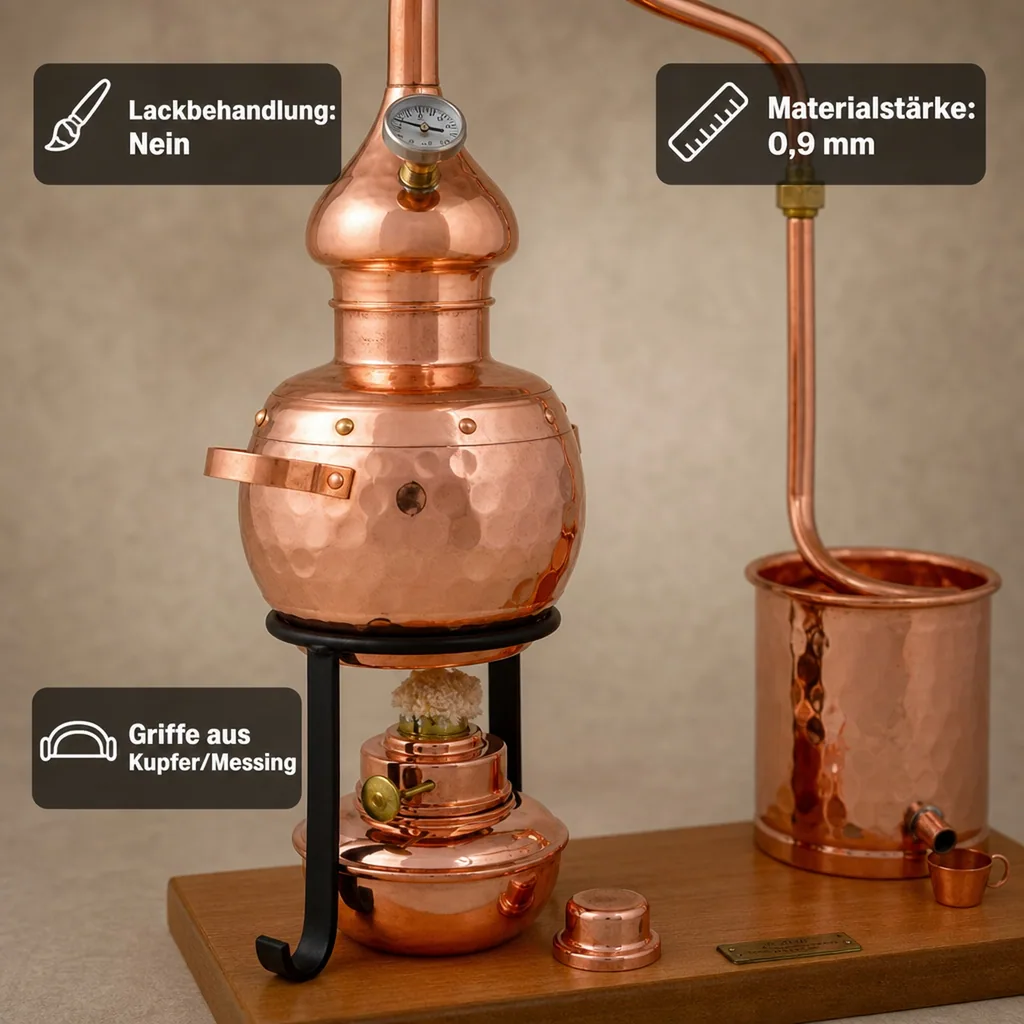 Destille, Destilliergerät, Destillationsapparatur - Alembic Set Premium, mit Spiritusbrenner und Thermometer, 0,7L
