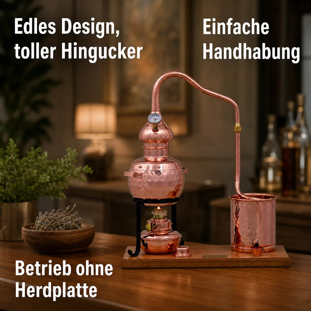 Destille, Destilliergerät, Destillationsapparatur - Alembic Set Premium, mit Spiritusbrenner und Thermometer, 0,7L