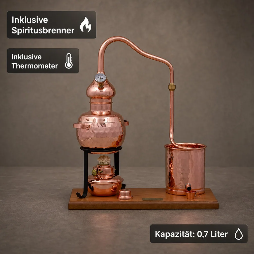 Destille, Destilliergerät, Destillationsapparatur - Alembic Set Premium, mit Spiritusbrenner und Thermometer, 0,7L