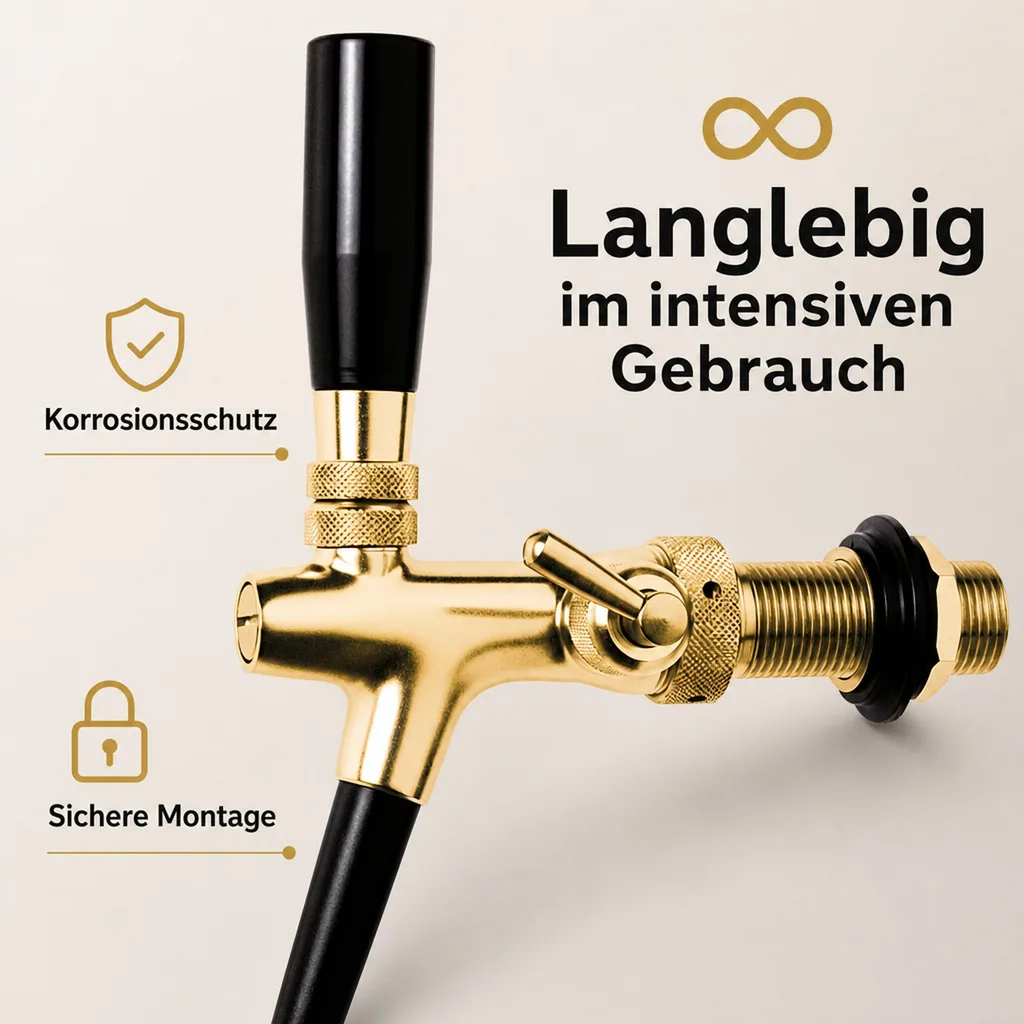 Zapfhahn, Kompensatorhahn, Bierzapfhahn, Schankhahn - vergoldet, 10 mm Ausführung, Gewindelänge: 35 mm