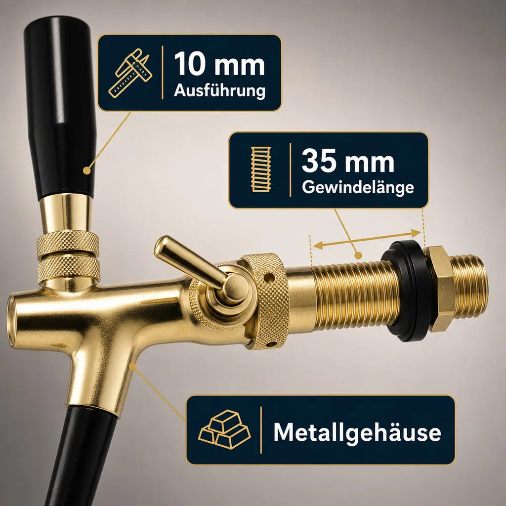 Zapfhahn, Kompensatorhahn, Bierzapfhahn, Schankhahn - vergoldet, 10 mm Ausführung, Gewindelänge: 35 mm