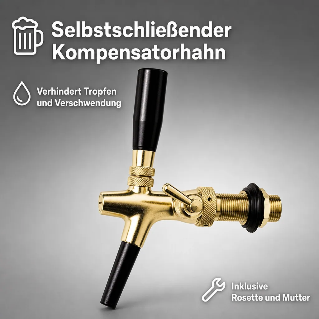 Zapfhahn, Kompensatorhahn, Bierzapfhahn, Schankhahn - vergoldet, 10 mm Ausführung, Gewindelänge: 35 mm