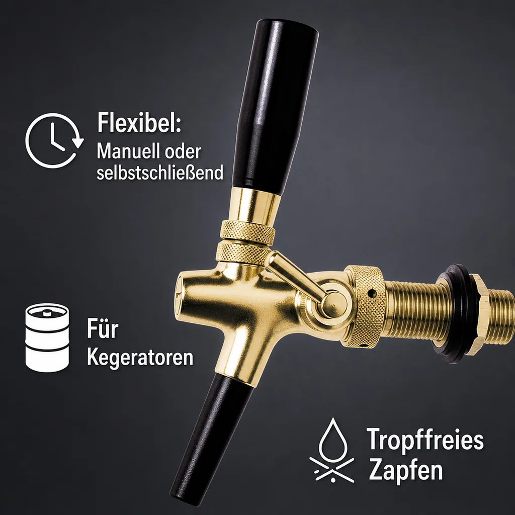 Zapfhahn, Kompensatorhahn, Bierzapfhahn, Schankhahn - vergoldet, 10 mm Ausführung, Gewindelänge: 35 mm