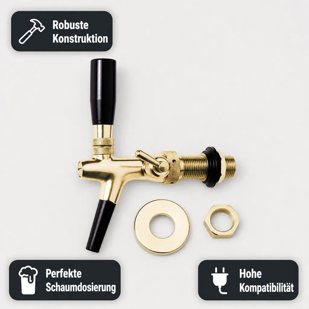 Zapfhahn, Kompensatorhahn, Bierzapfhahn, Schankhahn - vergoldet, 10 mm Ausführung, Gewindelänge: 35 mm