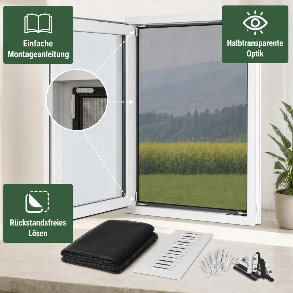 Moskitonetz für Fenster „Magic Klick“, mit Magnetbefestigung, luftdurchlässig und halbtransparent, 150 x 130 cm, Schwarz