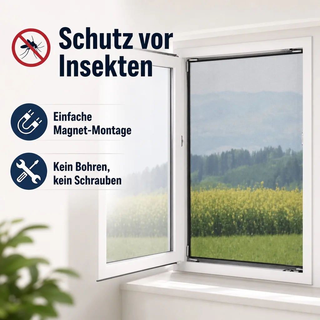 Moskitonetz für Fenster „Magic Klick“, mit Magnetbefestigung, luftdurchlässig und halbtransparent, 150 x 130 cm, Schwarz