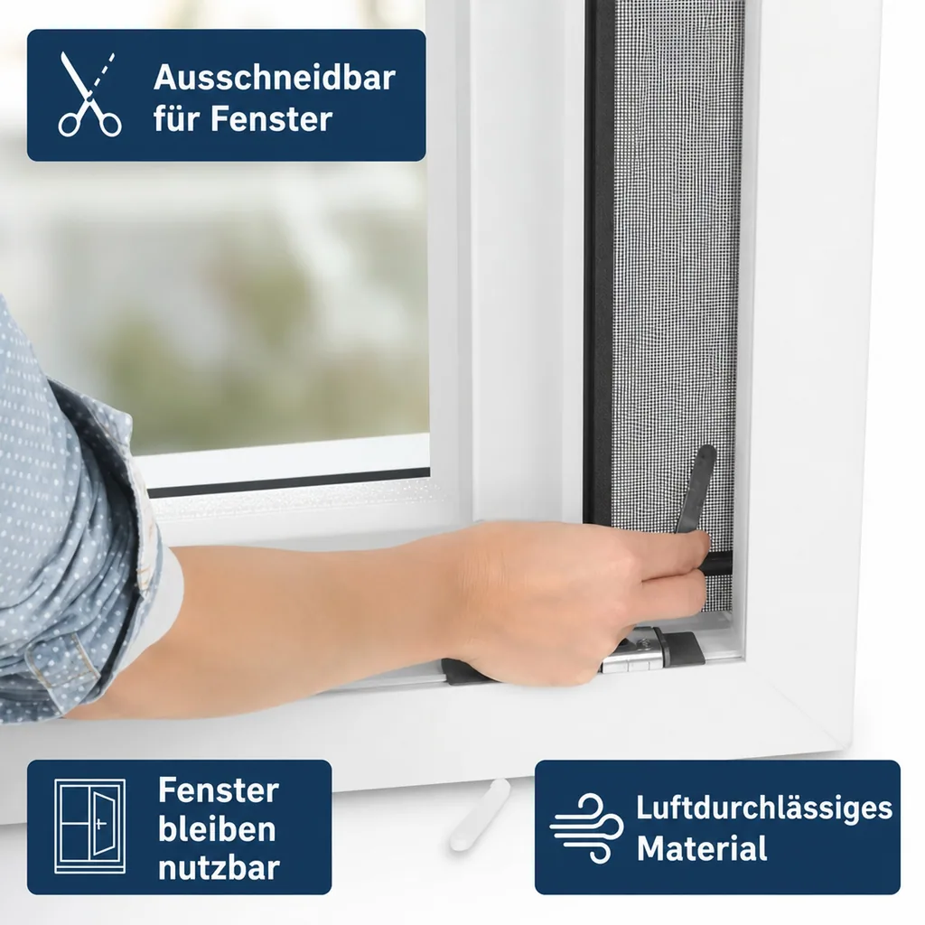 Moskitonetz für Fenster „Magic Klick“, mit Magnetbefestigung, luftdurchlässig und halbtransparent, 150 x 130 cm, Schwarz