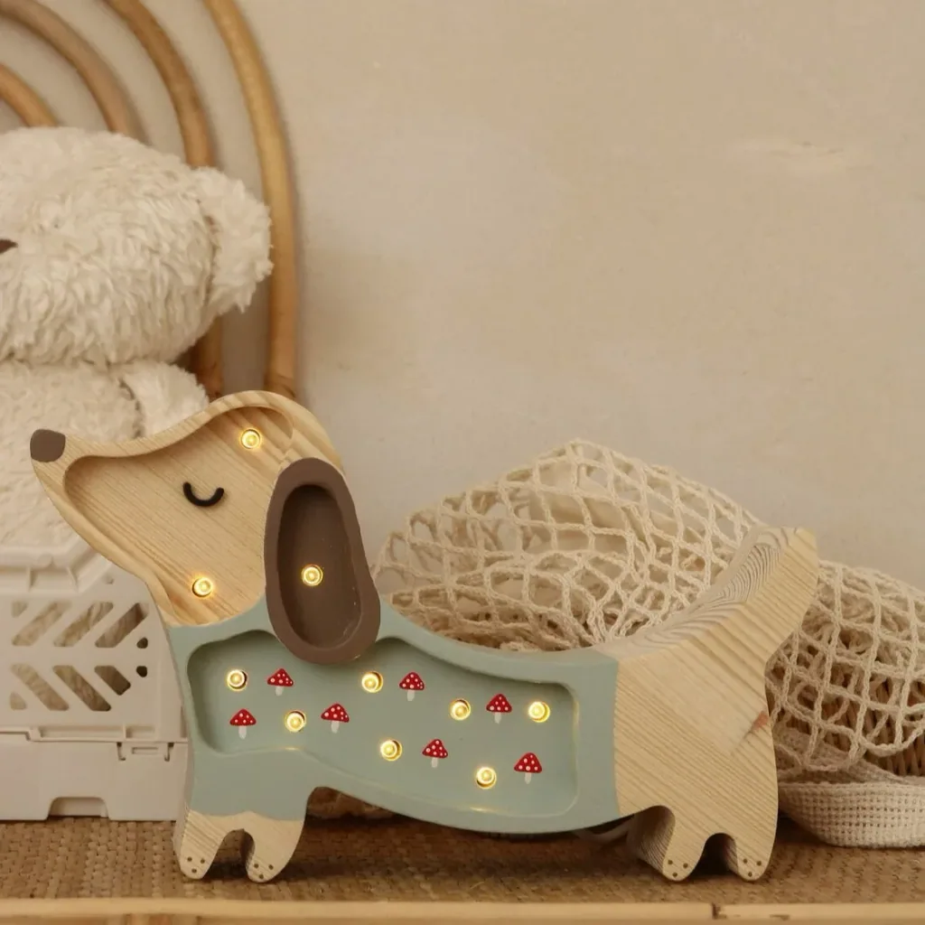 Little Lights Nachtlicht Kinder, Nachtlampe Mini-Welpe - 100% Kiefernholz natur, Farbe: Pilz auf Grün