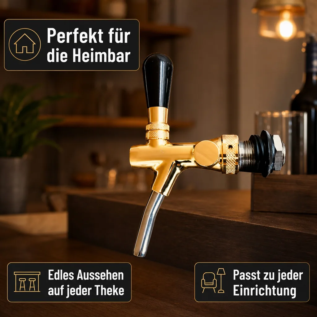 Zapfhahn, Bierzapfhahn, Schankhahn, Kolbenschankhahn - vergoldet, Gewindelänge: 35 mm