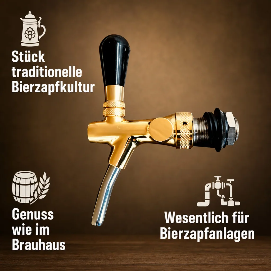 Zapfhahn, Bierzapfhahn, Schankhahn, Kolbenschankhahn - vergoldet, Gewindelänge: 35 mm