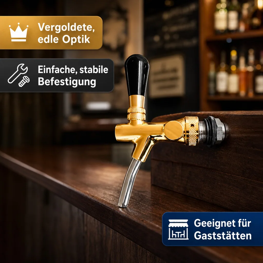 Zapfhahn, Bierzapfhahn, Schankhahn, Kolbenschankhahn - vergoldet, Gewindelänge: 35 mm