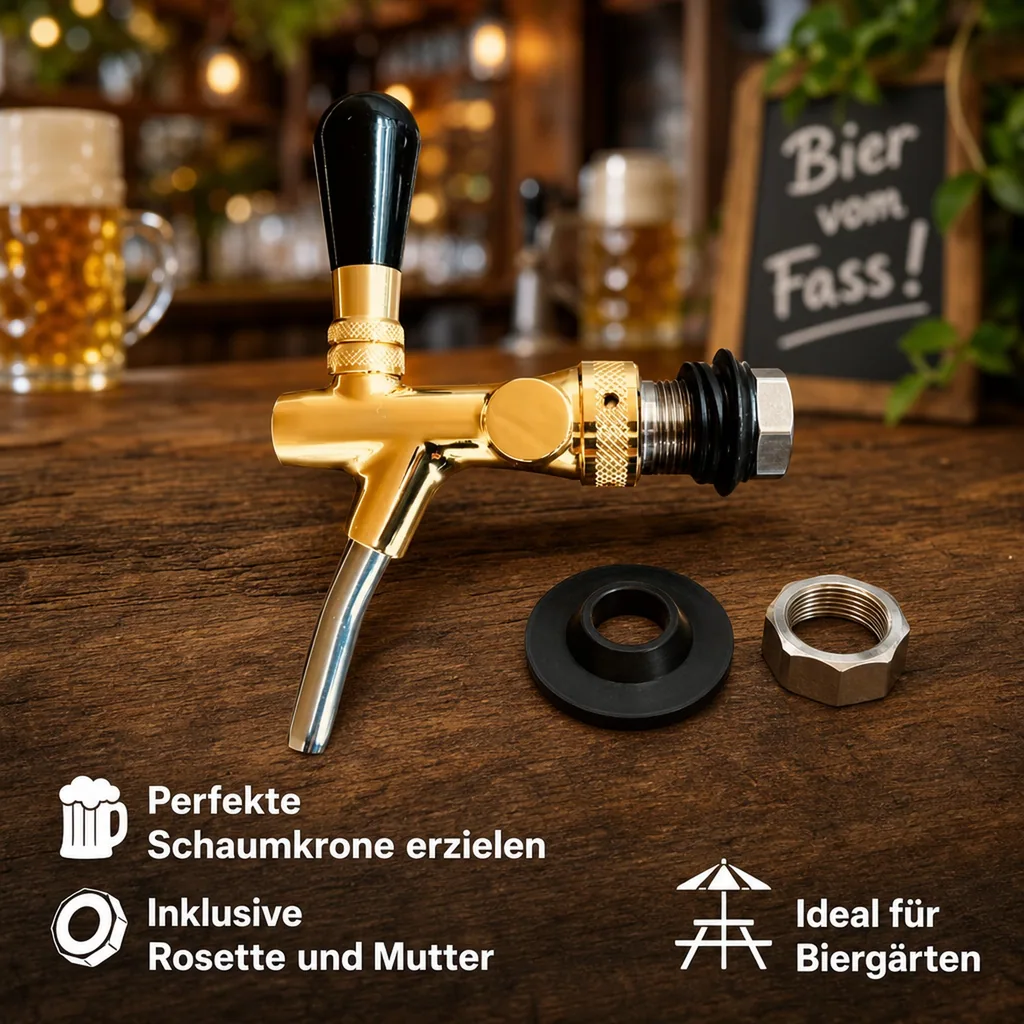 Zapfhahn, Bierzapfhahn, Schankhahn, Kolbenschankhahn - vergoldet, Gewindelänge: 35 mm