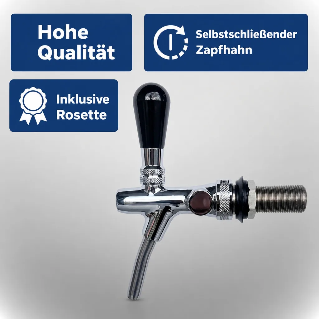 Zapfhahn, Bierzapfhahn, Schankhahn, Kolbenschankhahn - selbstschließend, verchromt, 7 mm Ausführung, Gewindelänge: 35 mm
