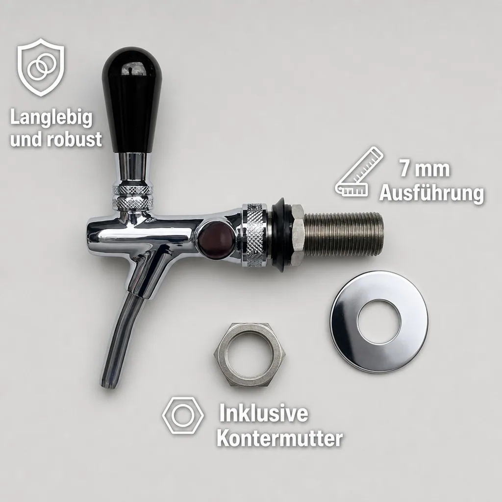 Zapfhahn, Bierzapfhahn, Schankhahn, Kolbenschankhahn - selbstschließend, verchromt, 7 mm Ausführung, Gewindelänge: 35 mm