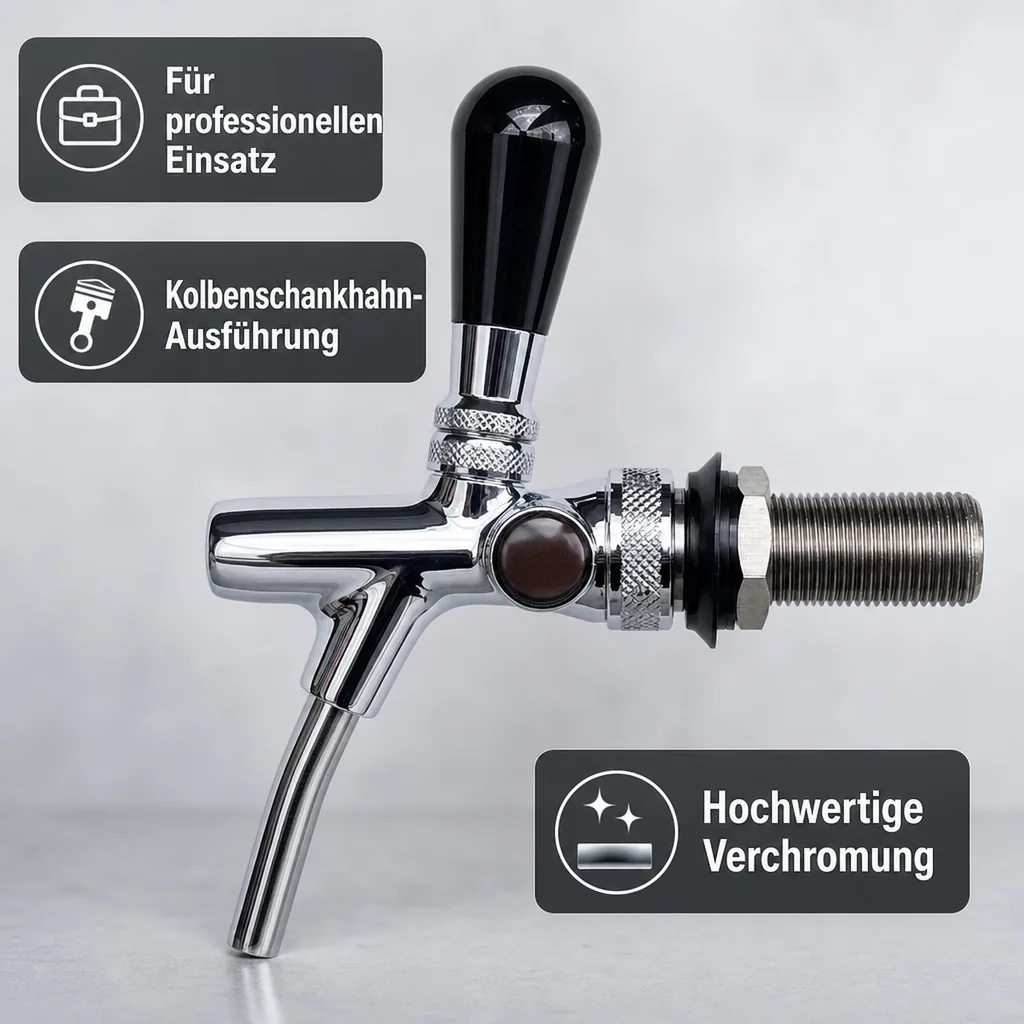 Zapfhahn, Bierzapfhahn, Schankhahn, Kolbenschankhahn - selbstschließend, verchromt, 7 mm Ausführung, Gewindelänge: 35 mm