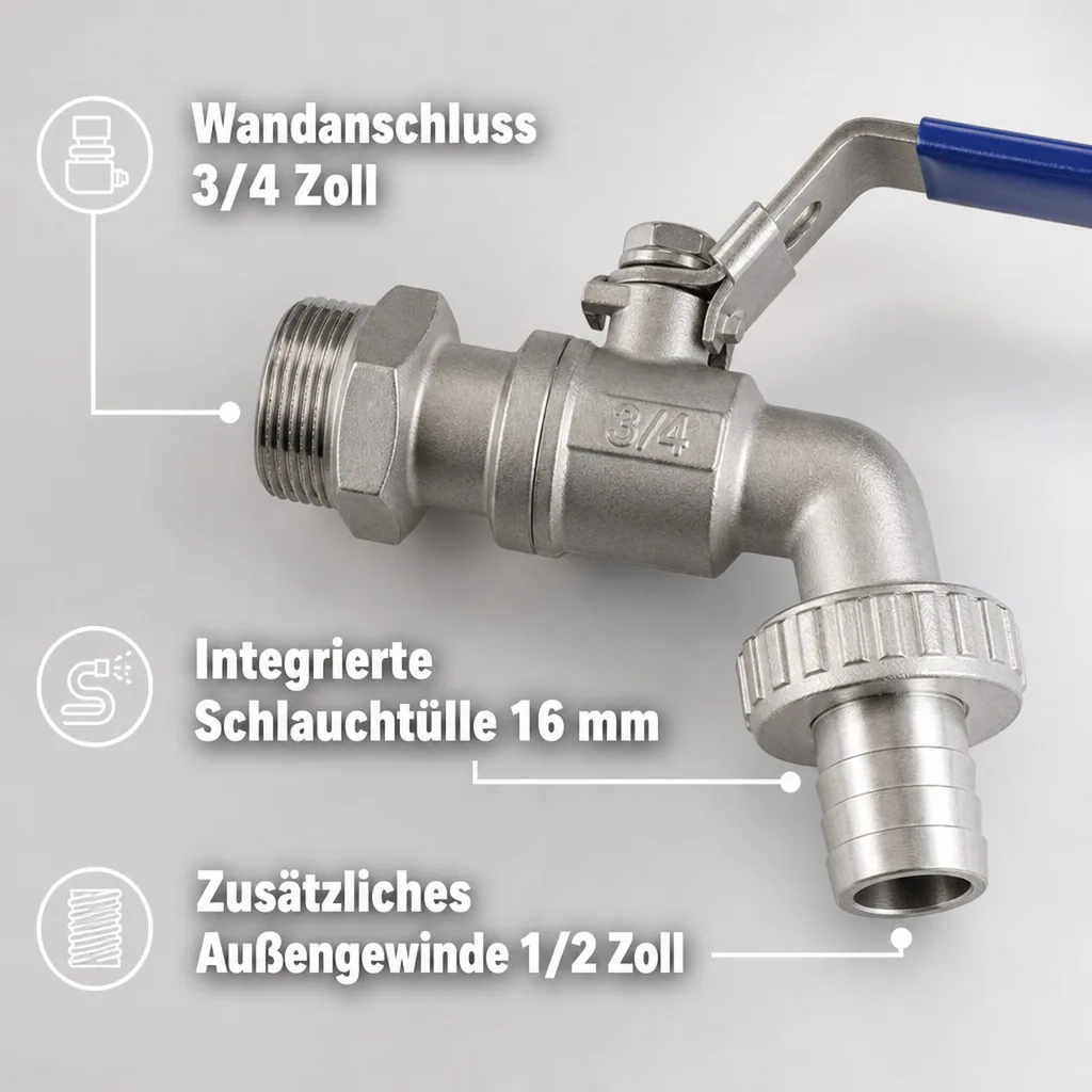 Edelstahl Kugelauslaufventil mit Hebel 3/4"
