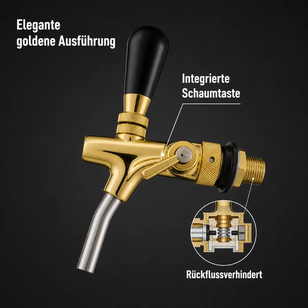 Zapfhahn, Kompensatorhahn, Bierzapfhahn, Schankhahn - selbstschließend, gold, Gewindelänge: 35 mm