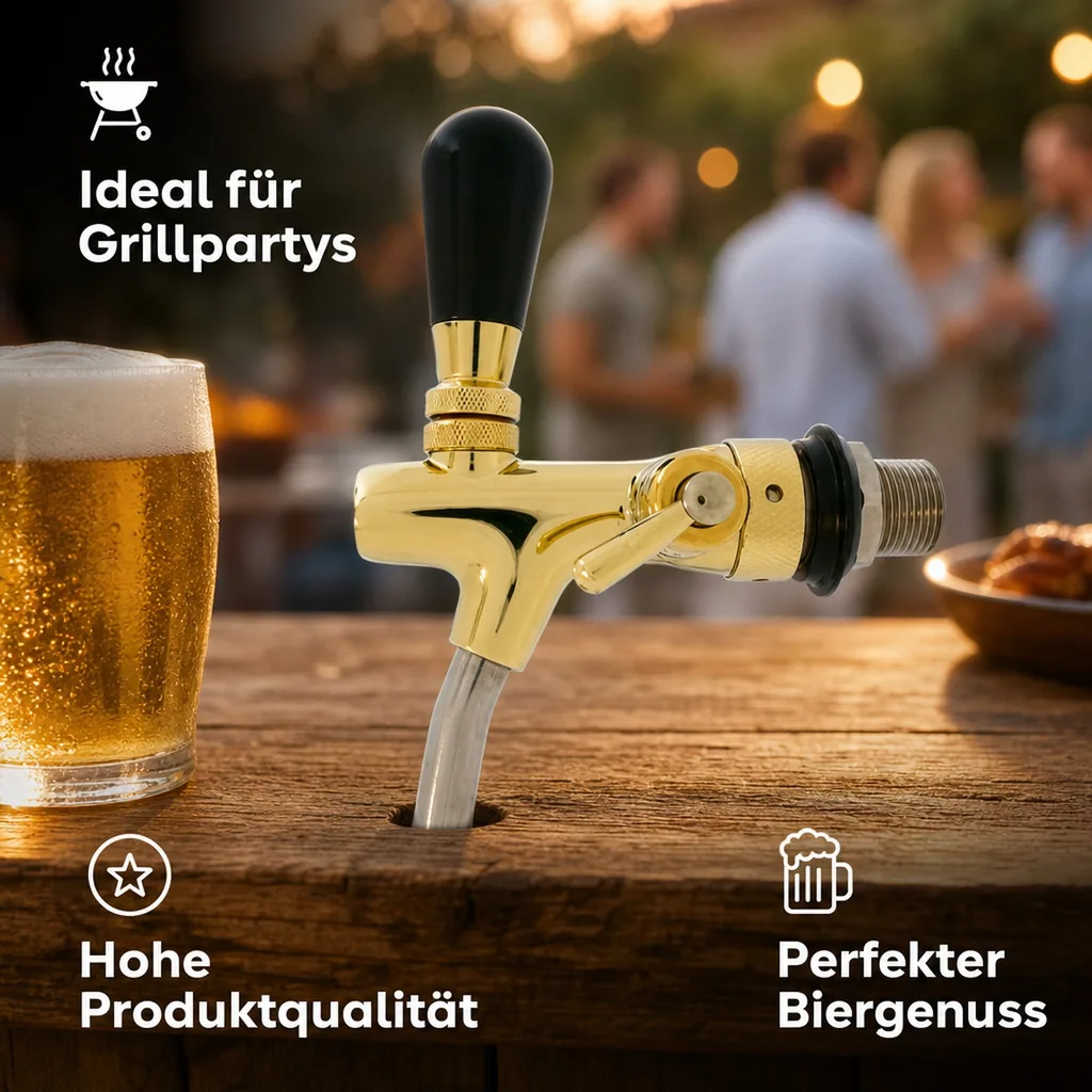 Zapfhahn, Kompensatorhahn, Bierzapfhahn, Schankhahn - selbstschließend, gold, Gewindelänge: 35 mm