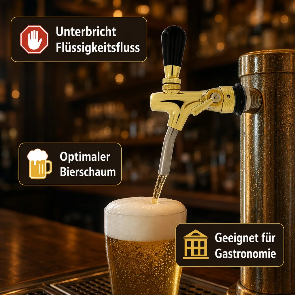 Zapfhahn, Kompensatorhahn, Bierzapfhahn, Schankhahn - selbstschließend, gold, Gewindelänge: 35 mm