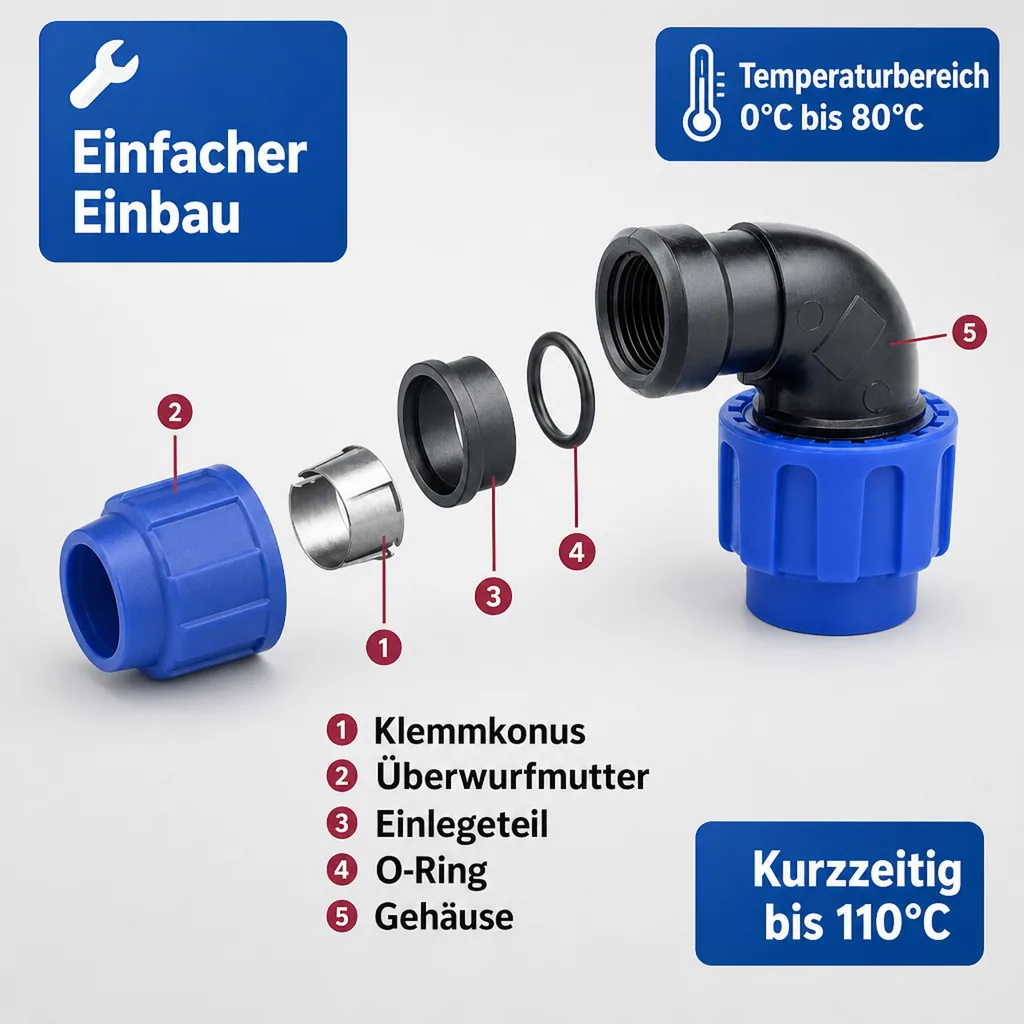 PP PE Rohr Verschraubung 90° Winkel 25 x 3/4" IG