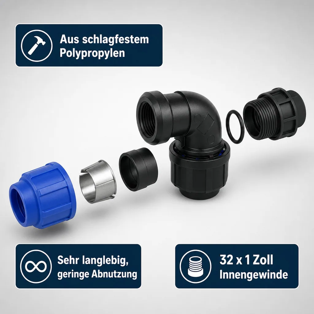 PP PE Rohr Verschraubung 90° Winkel 32 x 1" IG