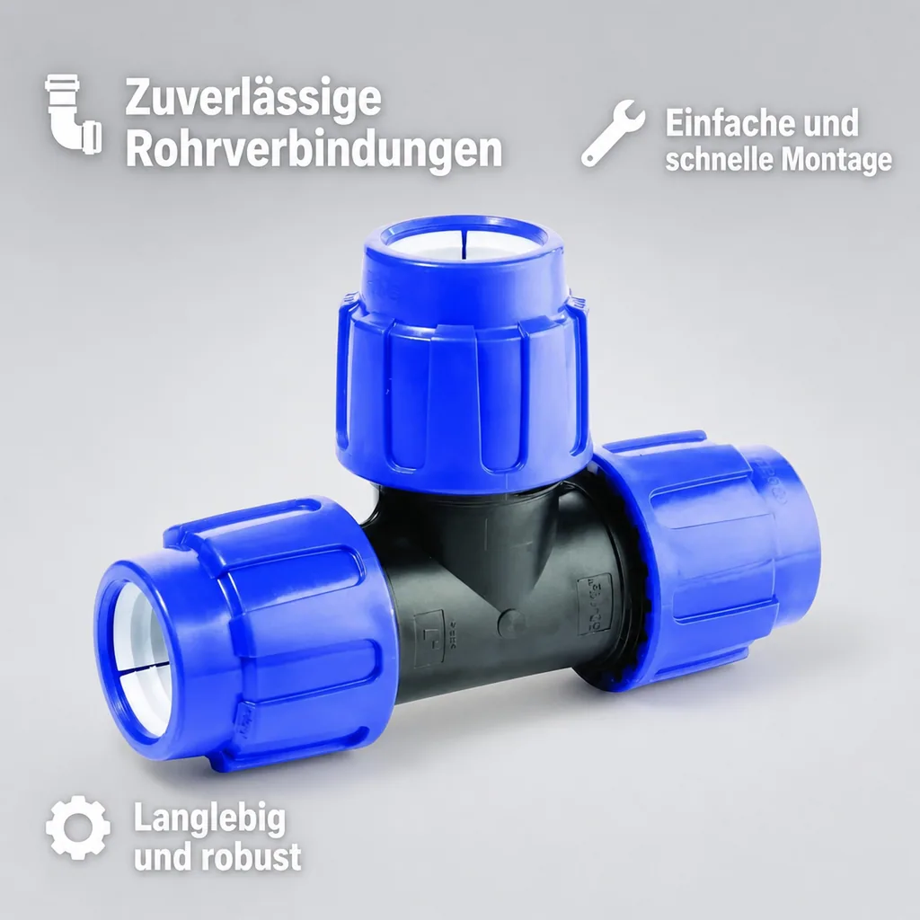 PE Rohr Verschraubung, T-Stück 40mm, Klemmverbinder, Trinkwasser