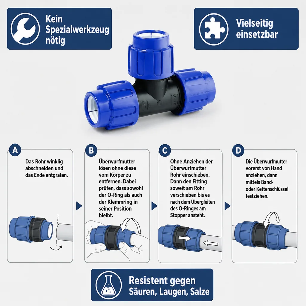PE Rohr Verschraubung, T-Stück 40mm, Klemmverbinder, Trinkwasser