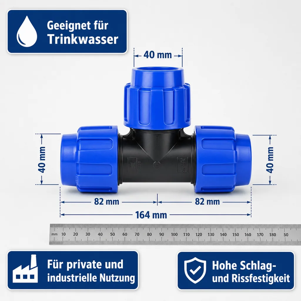 PE Rohr Verschraubung, T-Stück 40mm, Klemmverbinder, Trinkwasser