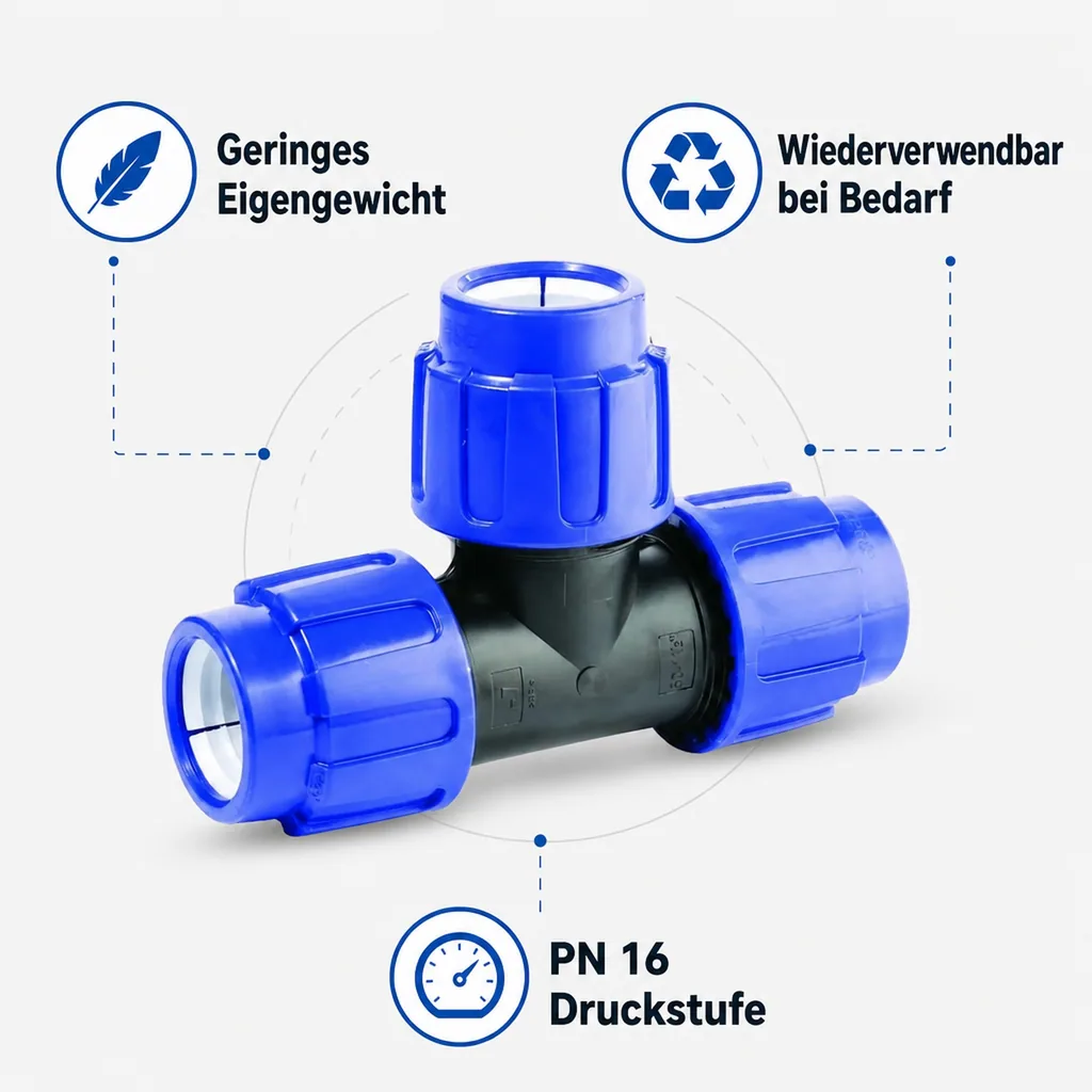 PE Rohr Verschraubung, T-Stück 40mm, Klemmverbinder, Trinkwasser