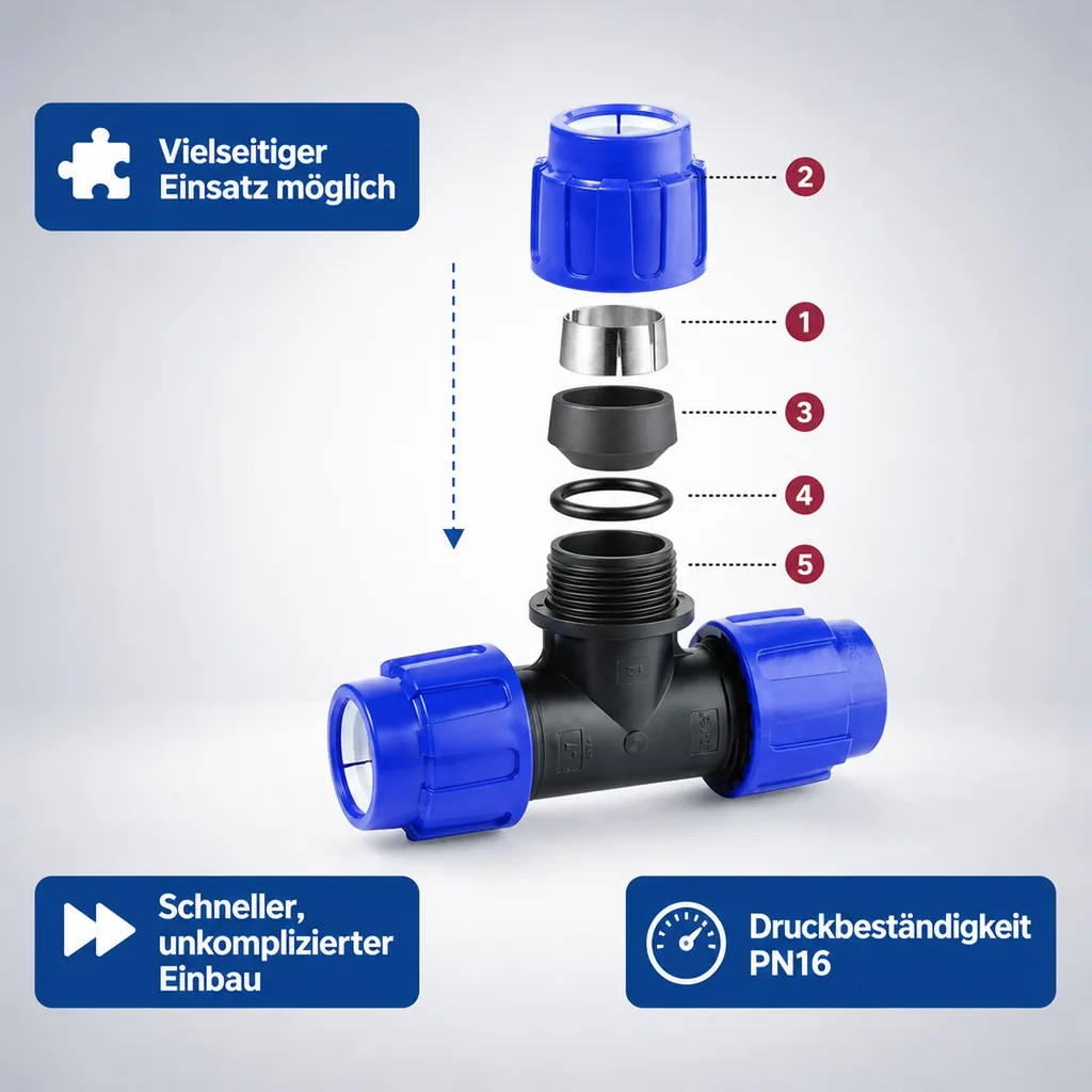 PE Rohr Verschraubung, T-Stück reduziert 25x20x25, Klemmverschraubung, PP PE Rohr, Trinkwasser geeignet